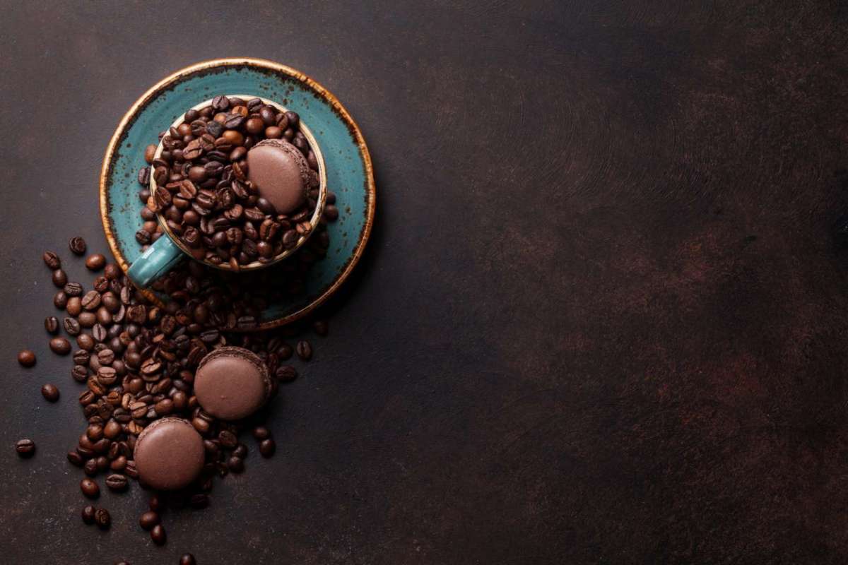 Coffee cup with roasted beans and macaroons