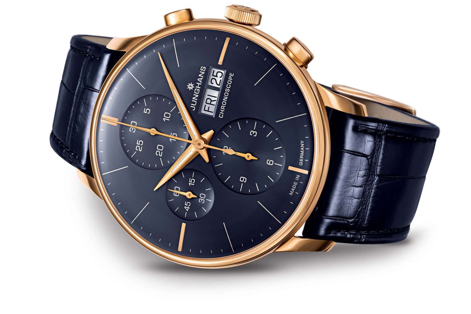 Junghans Meister Chronoscope Watch has a treated rose gold case