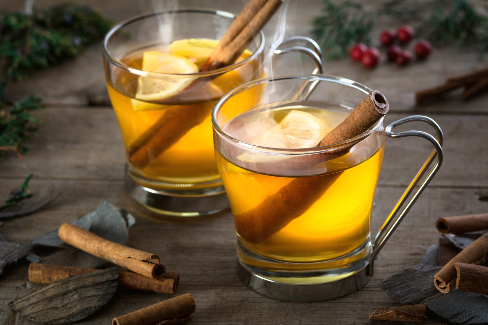 Two steaming hot toddies withe cinnamon sticks and lemon slices