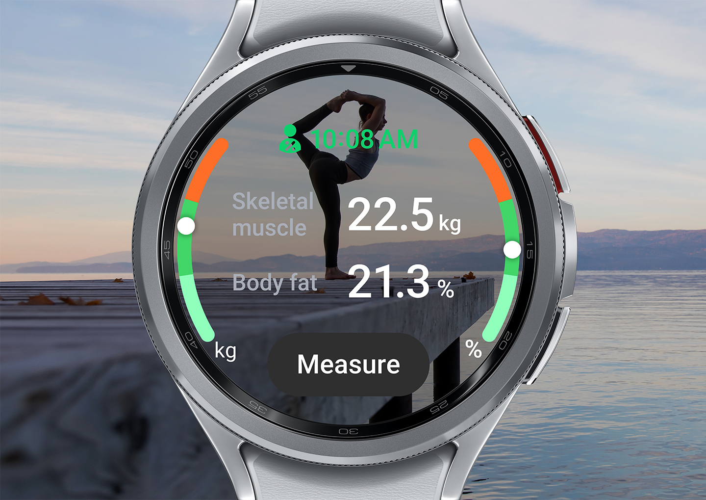 Galaxy Watch 6 displaying body stats, overlaying a background of woman doing yoga on a pier