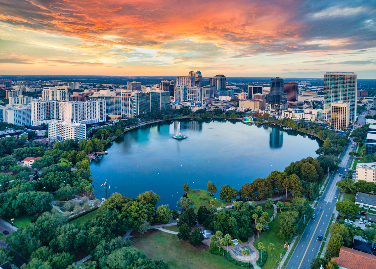 Aerial view of downtown Orlando, Florida showing the skyline and Lake Eola Park
