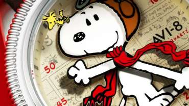 Close-up of AVI-8 Hawker Hurricane Chronograph with Snoopy Flying Ace dial detail and luminous elements