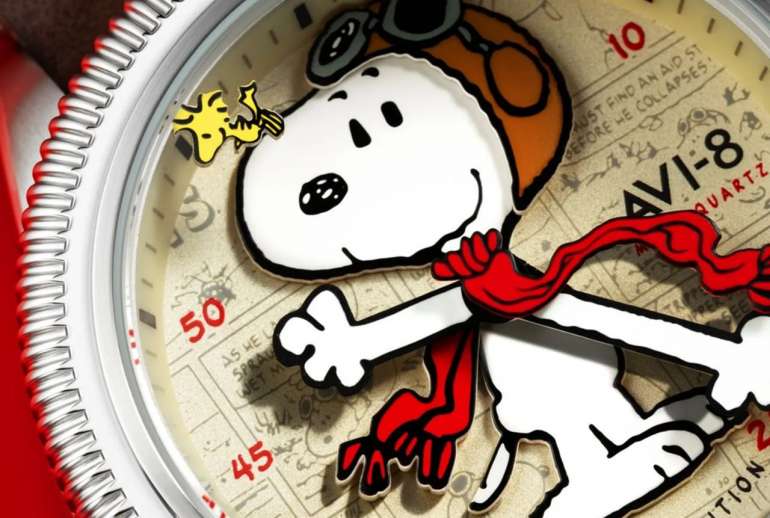 Close-up of AVI-8 Hawker Hurricane Chronograph with Snoopy Flying Ace dial detail and luminous elements