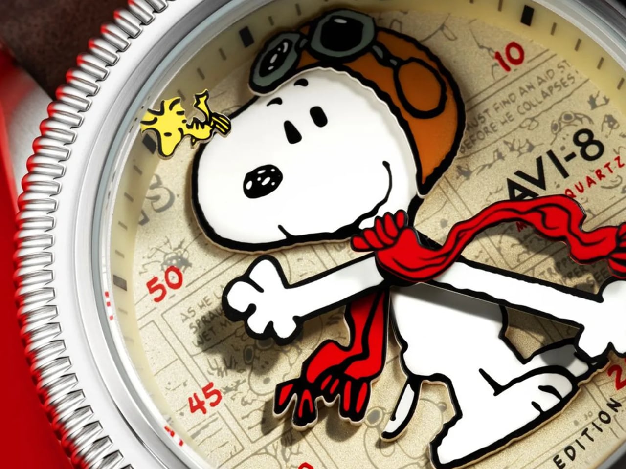 Close-up of AVI-8 Hawker Hurricane Chronograph with Snoopy Flying Ace dial detail and luminous elements