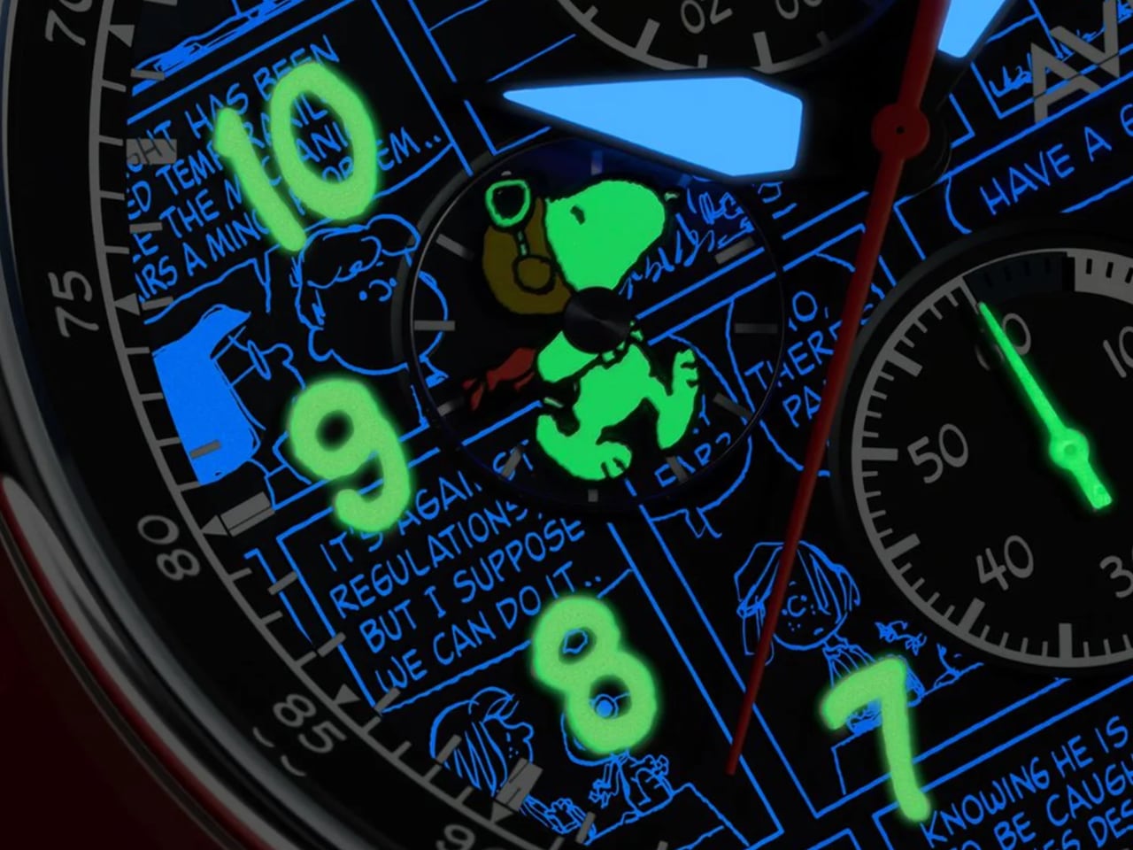 Close-up of AVI-8 Hawker Hurricane Chronograph with Snoopy Flying Ace dial detail and luminous elements