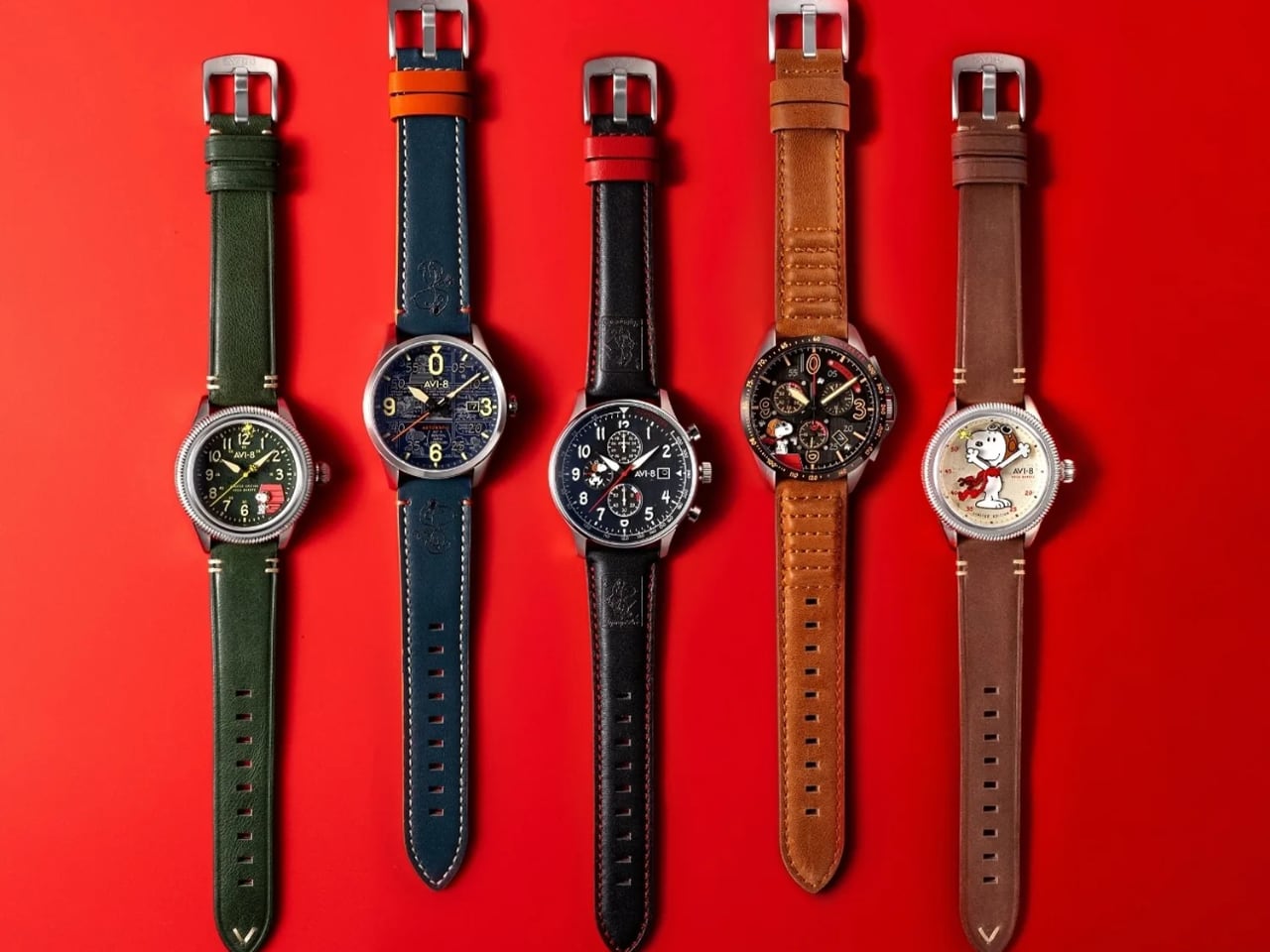 AVI-8 Snoopy Flying Ace watch collection showing all five limited edition aviation timepieces