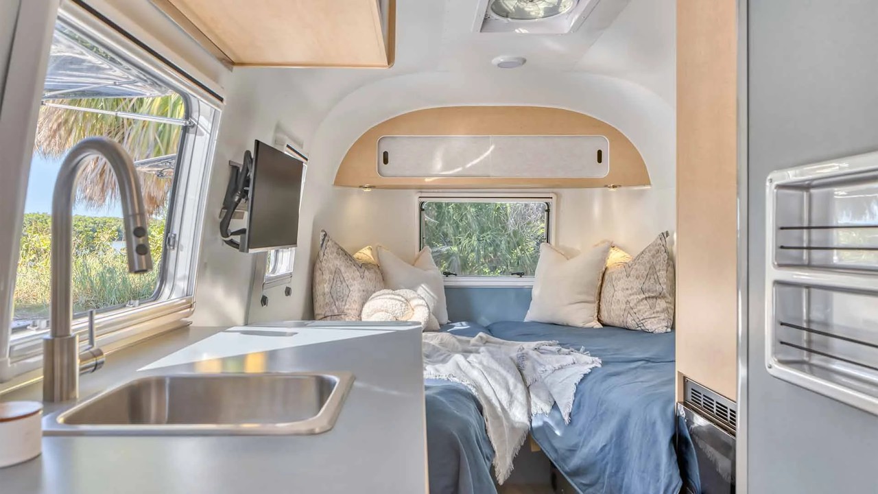 Airstream 17RB rear bed and galley view